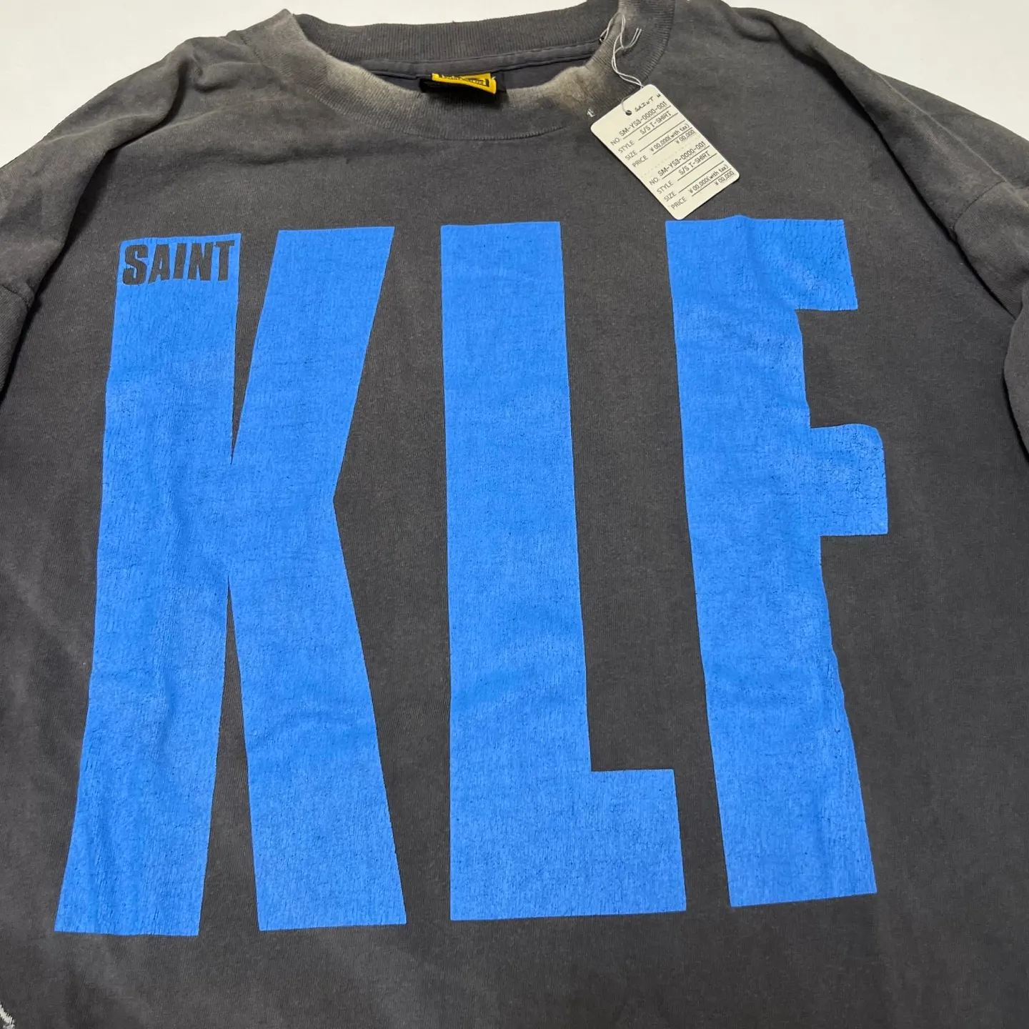 SAINT Mxxxxxx × The KLF BLUE KLF_LS TEE KLF/BLK Blue KLF tape recorder long sleeves Wash black S-XL Completely aligned Tube weaving without side seam fabric Garment dyeing Maliu water fading and distressing Simulated sun washing and fading treatment Natural and perfect fading Hand-made holes and frayed Ink splashing treatment Extremely heavy work Correct main mark/wash mark/little angel anti-counterfeiting mark